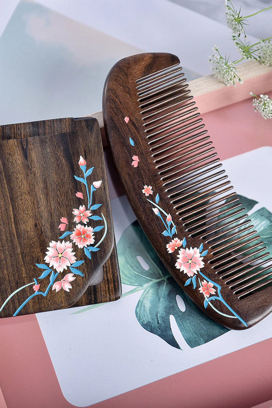 WOODEN COMB AND MIRROR SET-SAKURA BLOSSOM PATTERN